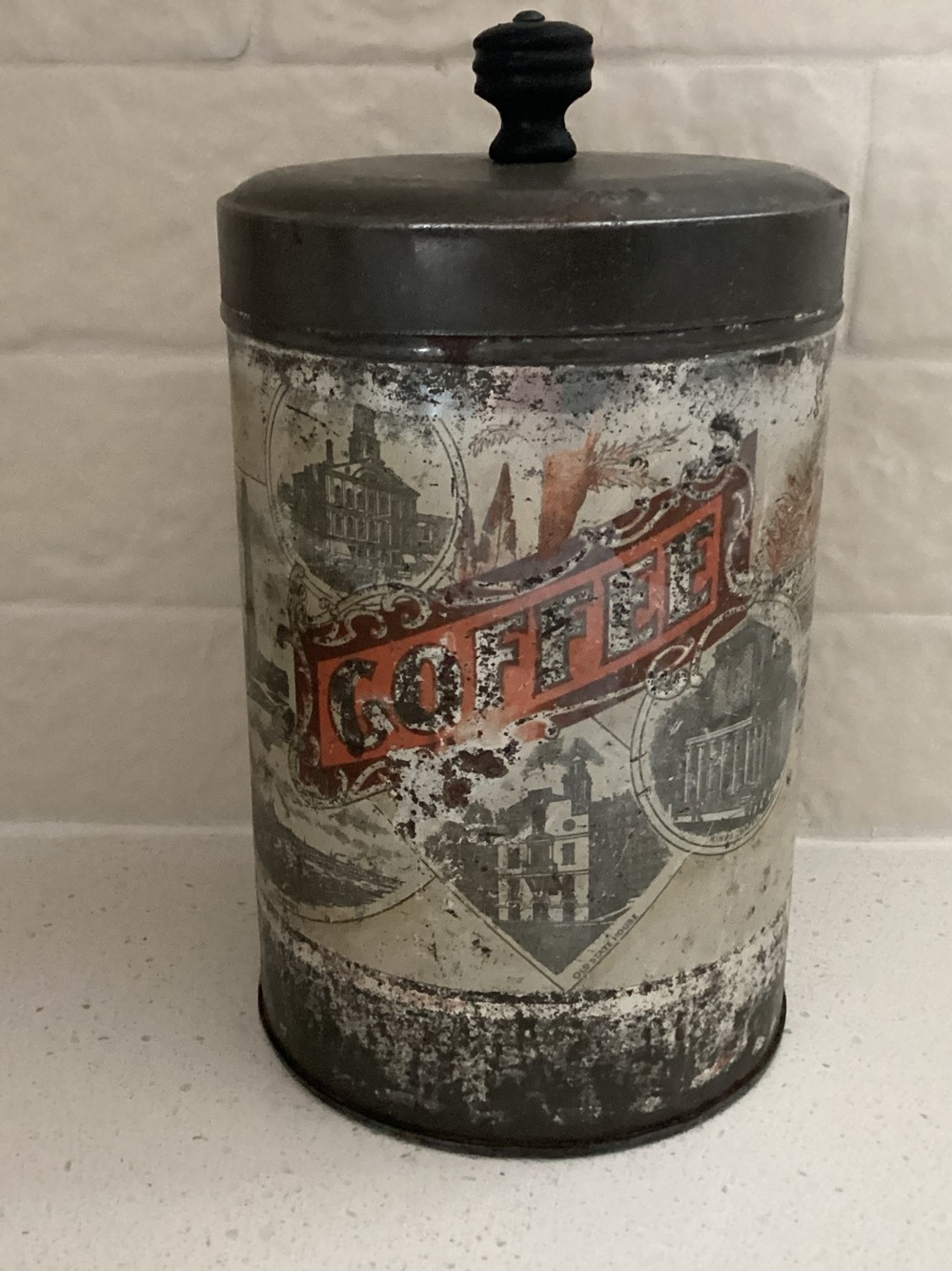 Antique COFFEE Lithographed Coffee Tin Canister.  Made by Thos. Wood & Co.